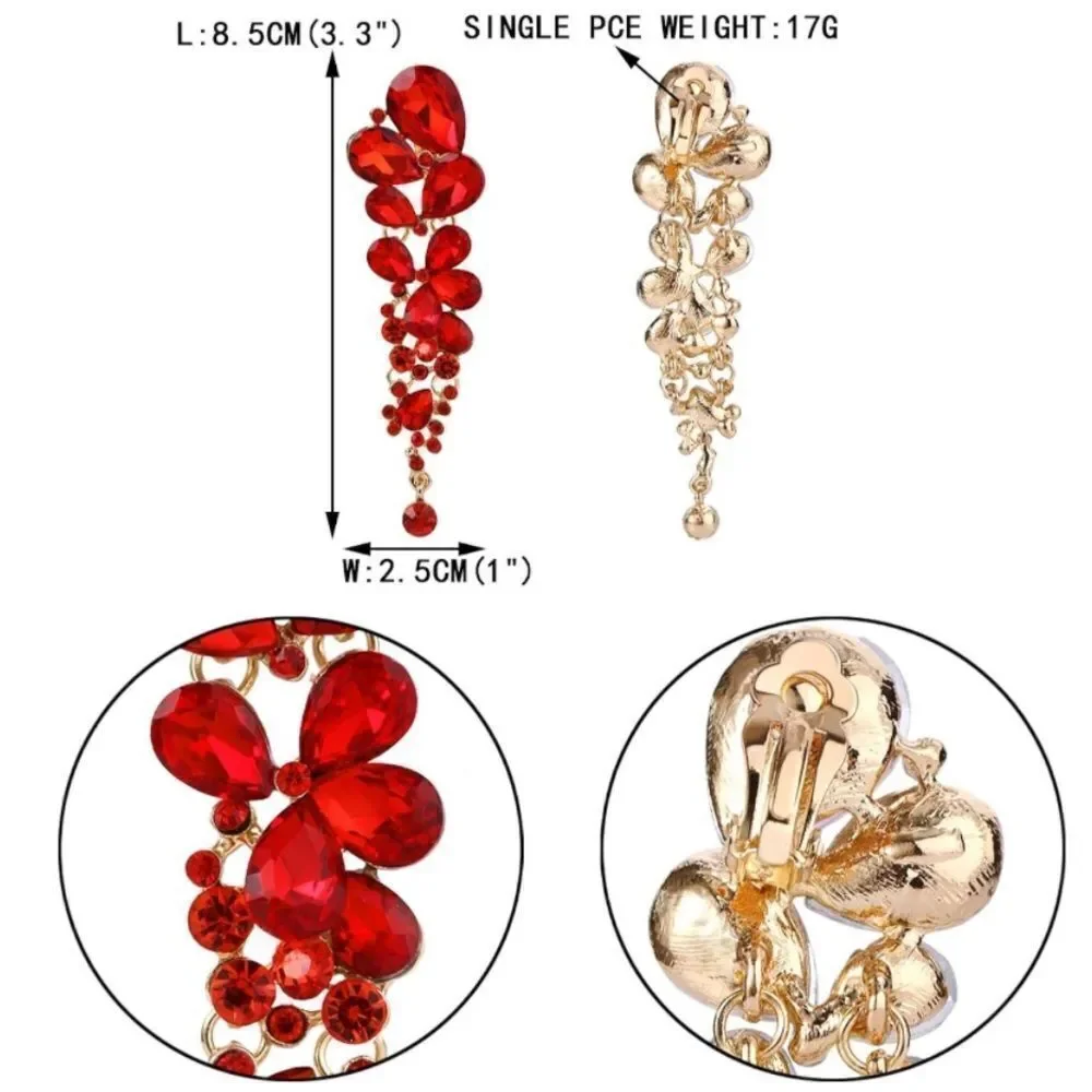 Yellow Gold with Ruby Red Austrian Crystal Chandelier Statement Clip On Earrings